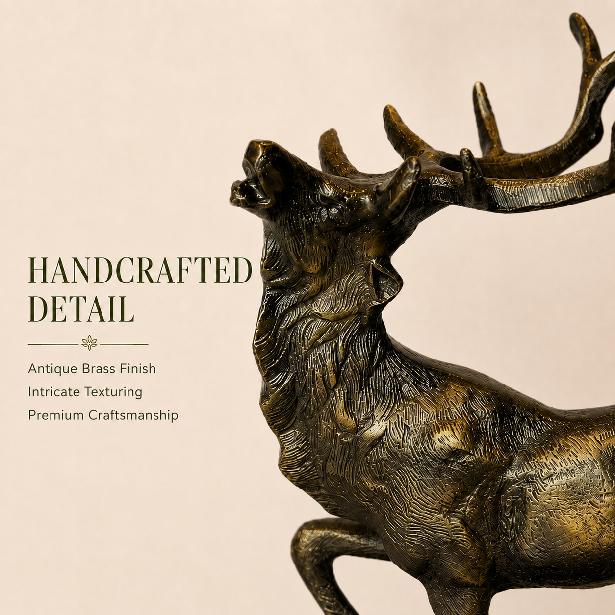 Close-up of the Royal Stag antique brass deer sculpture showcasing handcrafted detailing, intricate texture, premium finish, and artisan craftsmanship.