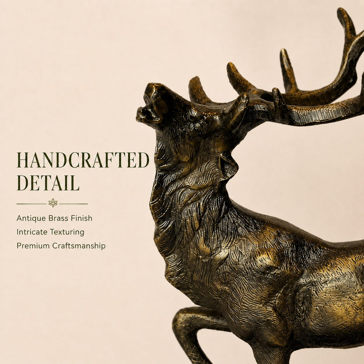 Close-up of the Royal Stag antique brass deer sculpture showcasing handcrafted detailing, intricate texture, premium finish, and artisan craftsmanship.