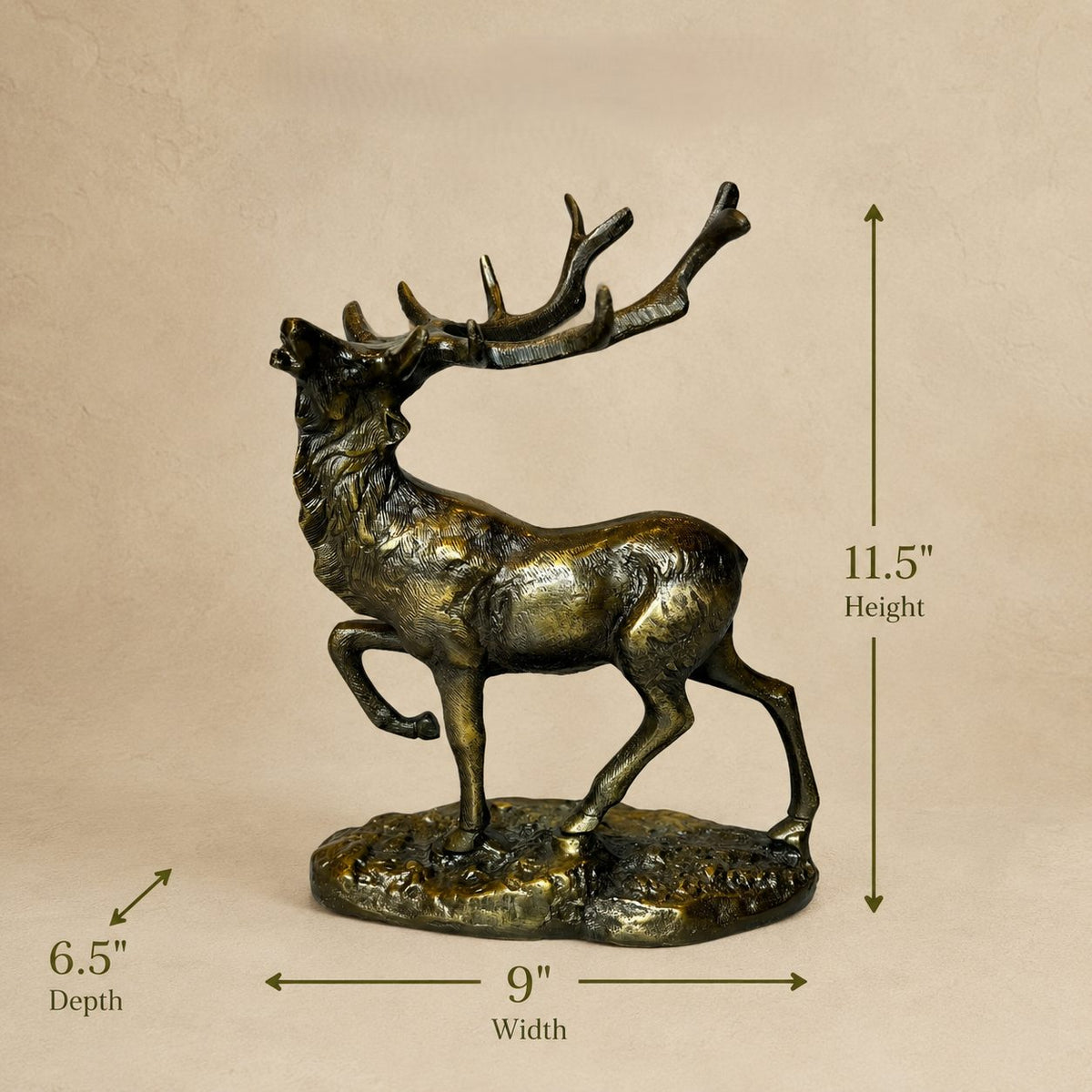 Antique brass deer sculpture with detailed antlers on a decorative base, measuring 11.5 inches high, 9 inches wide, and 6.5 inches deep, luxury resin home décor by Inara.
