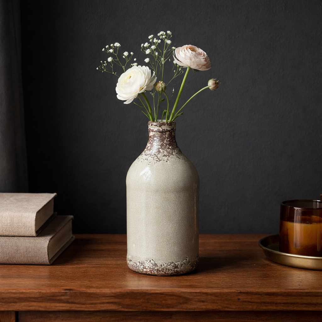 Rustic crackle-finish ceramic bottle vase with minimal white and blush flowers styled on a wooden sideboard against a dark moody background in a square composition.