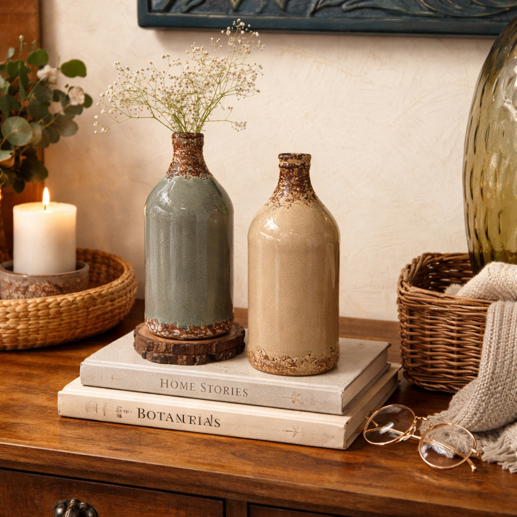 Rustic ceramic bottle vases in sage green and beige with dried flowers styled on books on a wooden console table in a cozy home decor setting.
