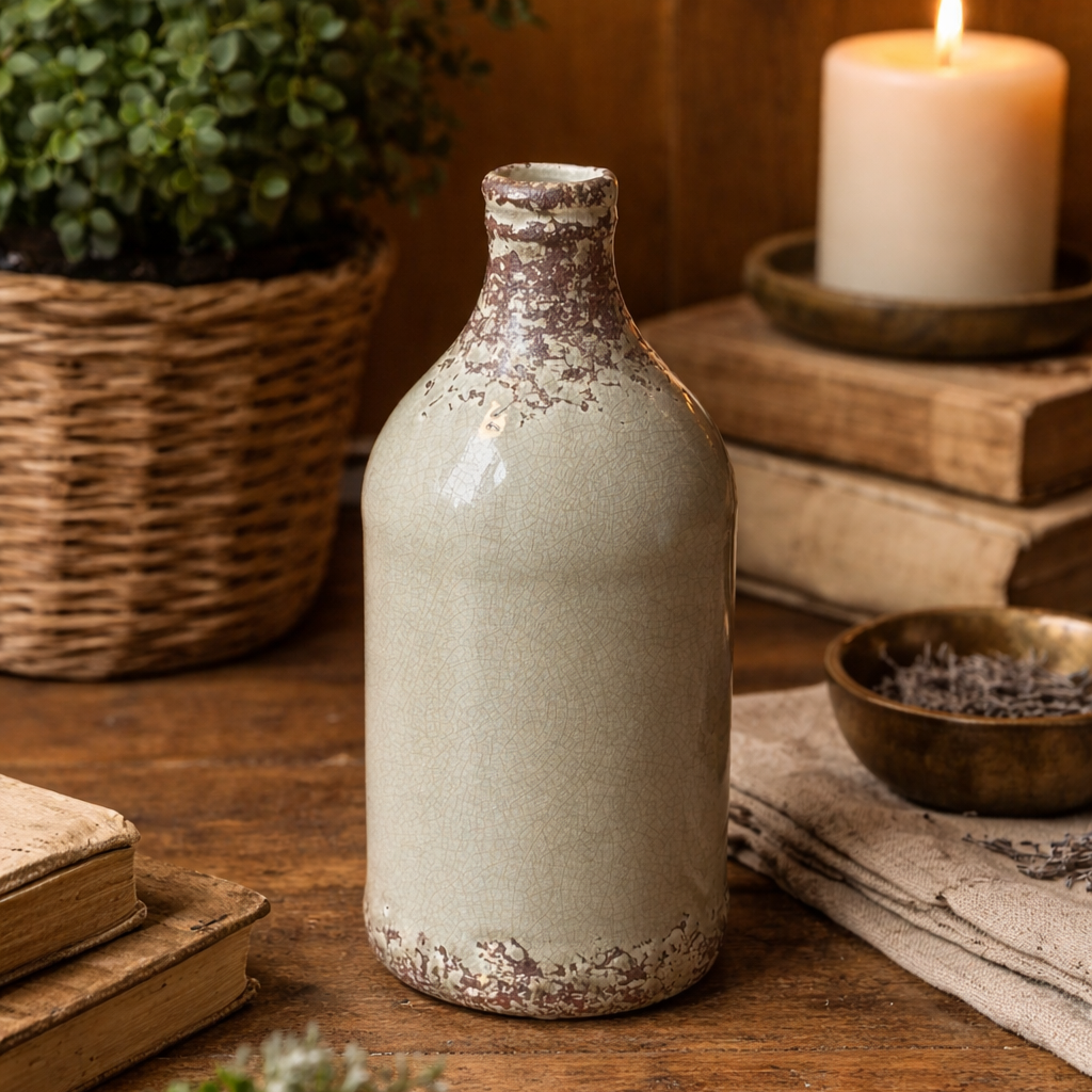 Rustic crackle glaze ceramic bottle styled on a wooden table with vintage books, candle, and greenery in warm ambient lighting.
