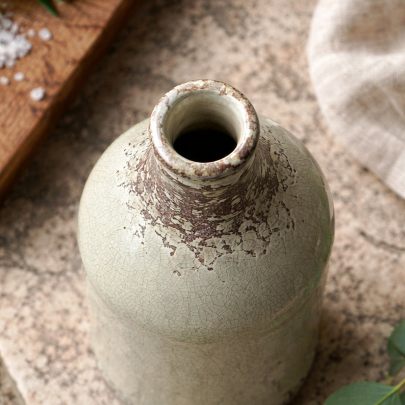 Top view lifestyle image of a rustic crackle glaze ceramic vase with distressed brown detailing on a textured stone surface, styled with eucalyptus leaves in natural light.