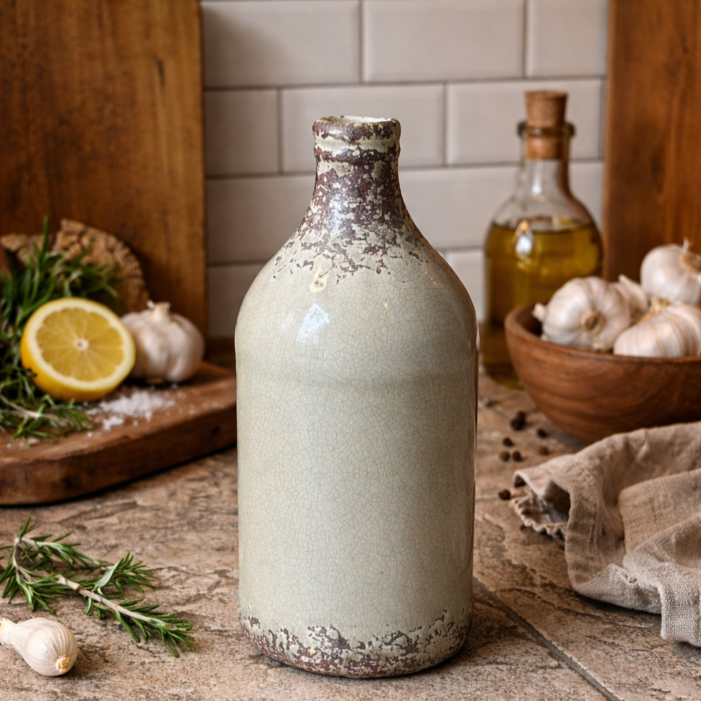 Rustic Whisper ceramic bottle vase with crackle ivory glaze and distressed brown detailing, styled on a kitchen countertop with garlic, rosemary, lemon, and olive oil in a warm rustic setting.