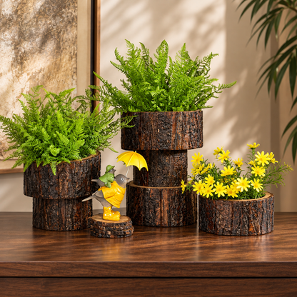 Rustic wood log planters styled on a premium wooden tabletop with lush green ferns, yellow flowers, and a decorative bird figurine in a warm contemporary living room setting.