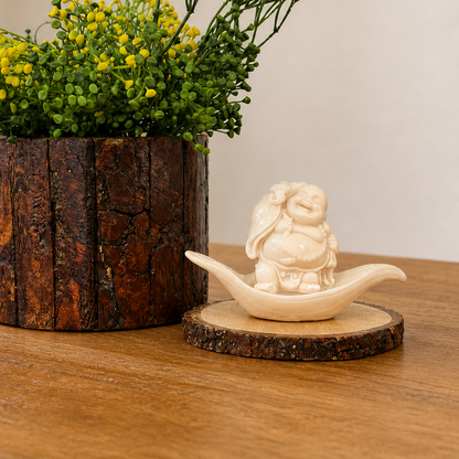Rustic wooden planter with green yellow foliage and a white laughing Buddha figurine styled on a wooden table in a cozy minimalist home interior.