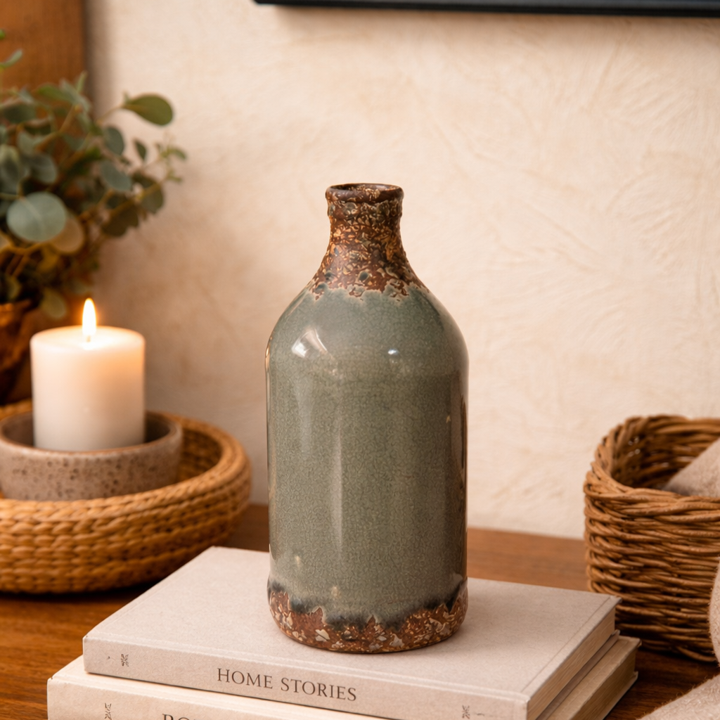 Sage green ceramic bottle vase with textured rustic neck styled on books on a wooden console table in a cozy home decor setting.