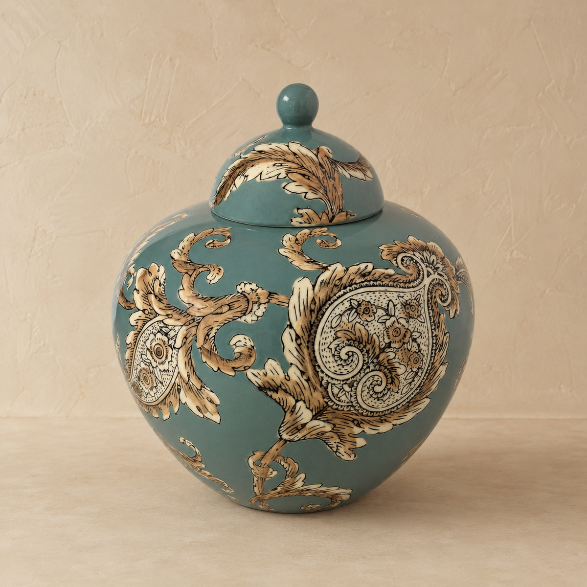 Imperial Sage ceramic decorative ginger jar with hand-painted beige paisley artwork and glossy sage green finish on a premium beige studio background.