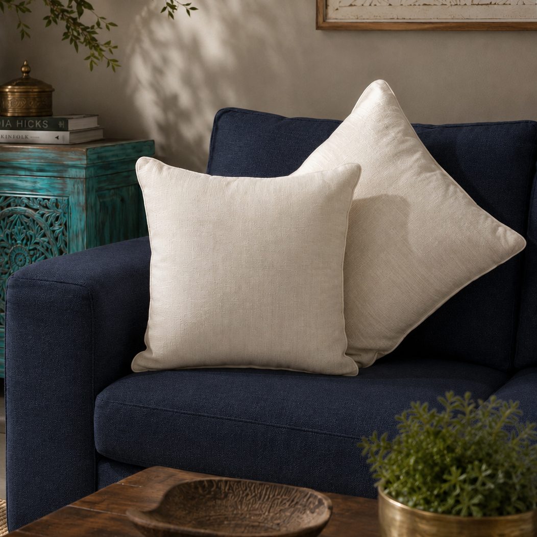 Off-white premium cotton cushion cover styled on a navy blue sofa in a modern luxury living room with elegant home décor by Inara Home Decor.