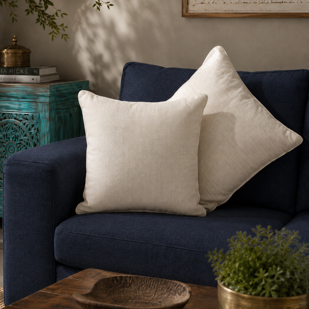 Off-white premium cotton cushion cover styled on a navy blue sofa in a modern luxury living room with elegant home décor by Inara Home Decor.