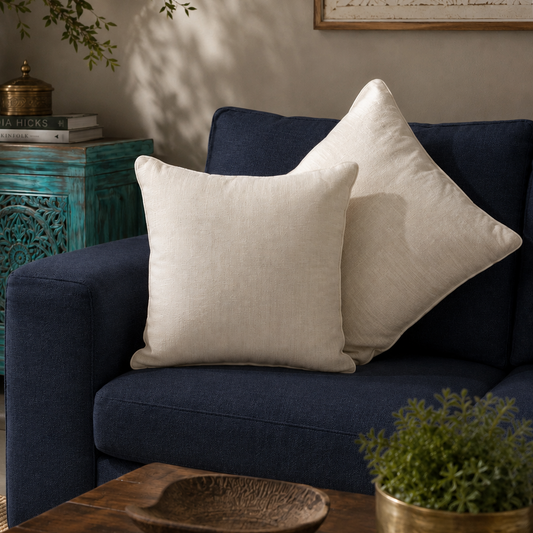 Off-white premium cotton cushion cover styled on a navy blue sofa in a modern luxury living room with elegant home décor by Inara Home Decor.