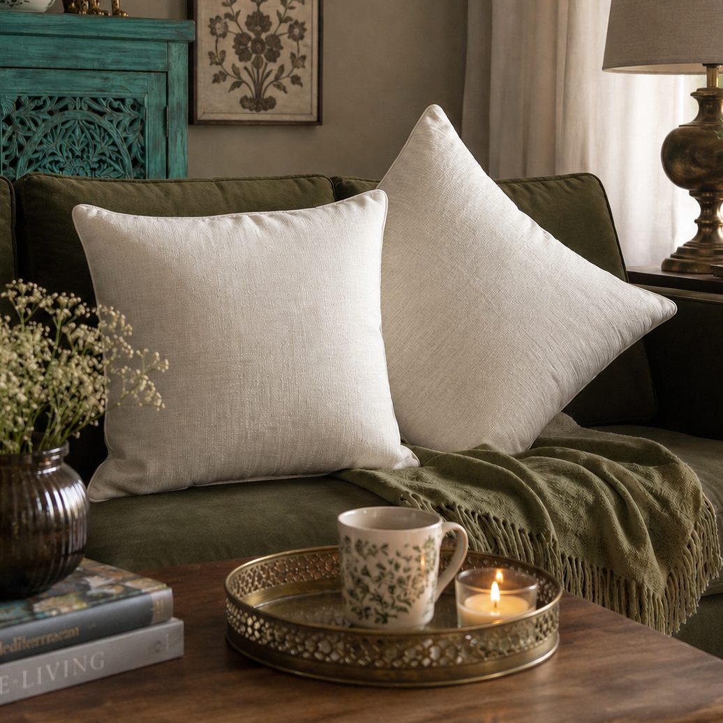 Ivory linen cushion covers styled on a dark olive green sofa in a luxury living room with elegant home décor and natural light.