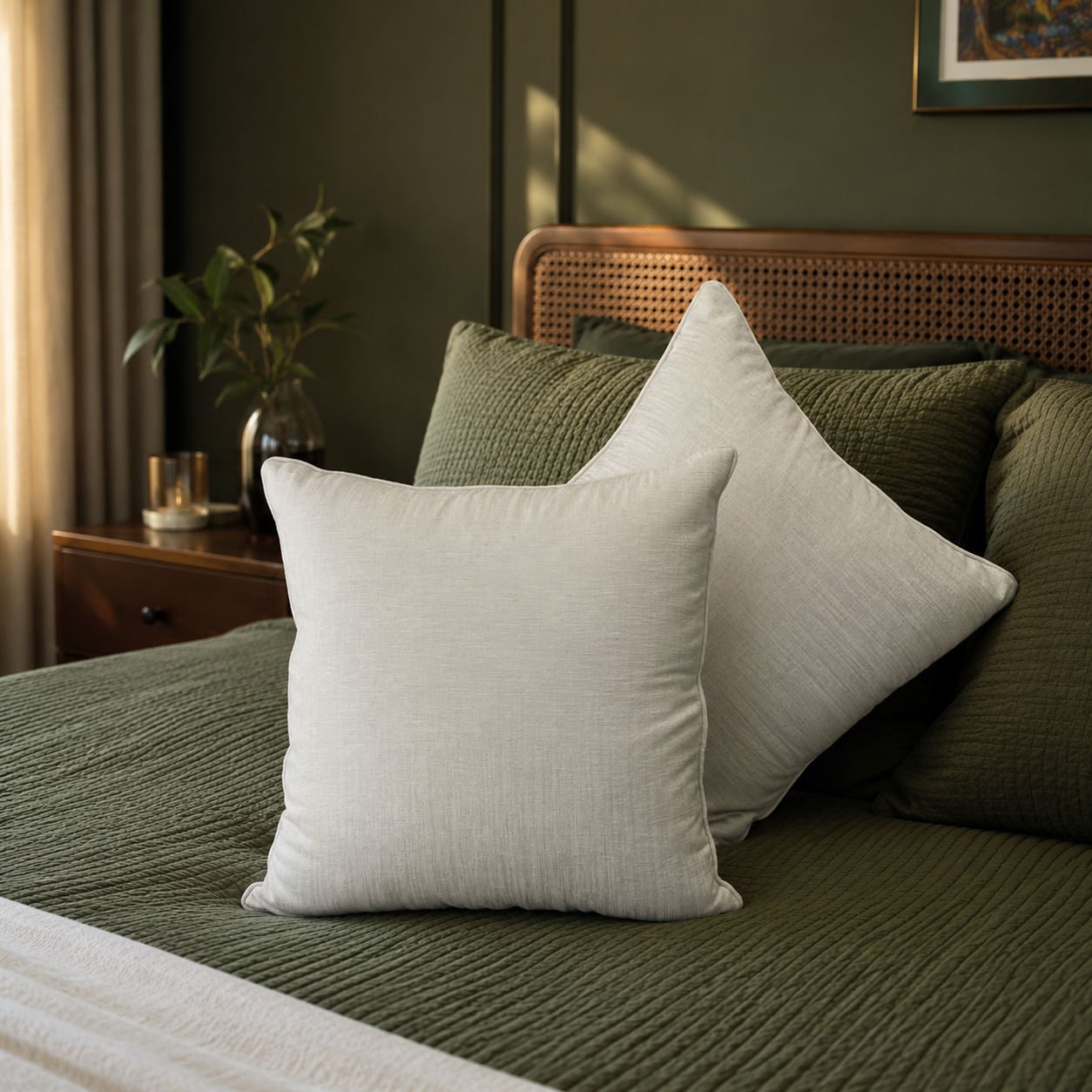 Ivory linen cushion cover styled on a bed in a dark olive green bedroom with natural light, luxury home decor by Inara.