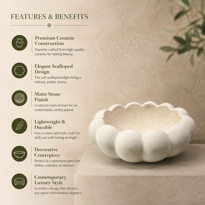 Features and benefits infographic highlighting the premium ceramic construction, scalloped design, matte finish, and decorative versatility of the ceramic bowl.