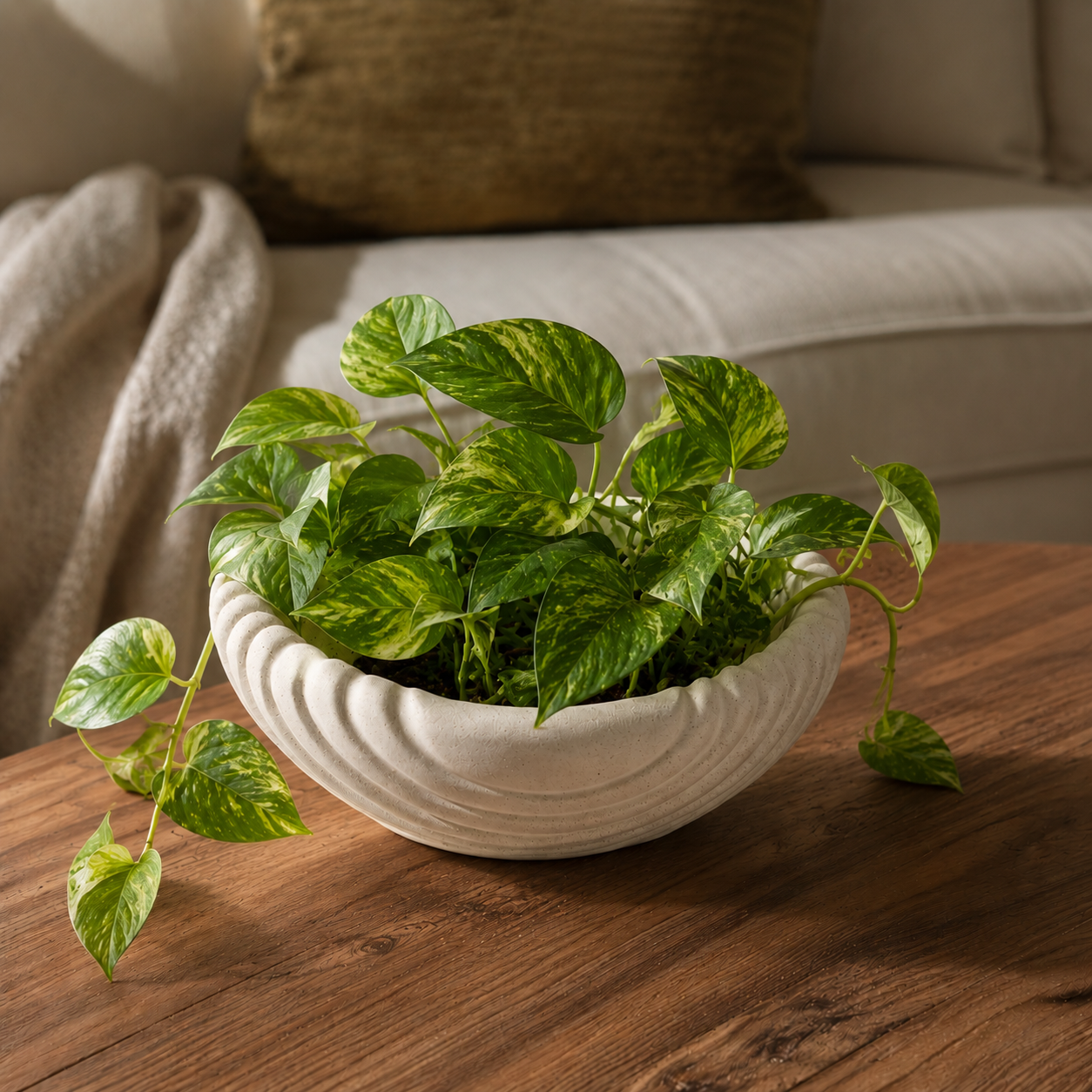 Scalloped cream ceramic decorative bowl styled as a planter with lush money plant on a wooden table in a warm modern living room setting.