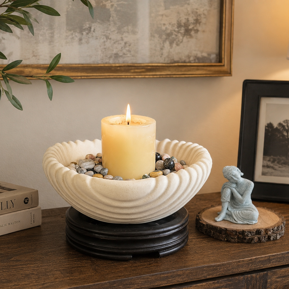 Modern white scalloped ceramic urli styled on a wooden console table with a candle, decorative pebbles, books, vase, and Buddha figurine in a warm elegant home décor setup.
