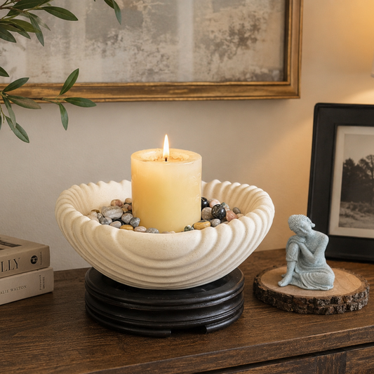 Modern white scalloped ceramic urli styled on a wooden console table with a candle, decorative pebbles, books, vase, and Buddha figurine in a warm elegant home décor setup.