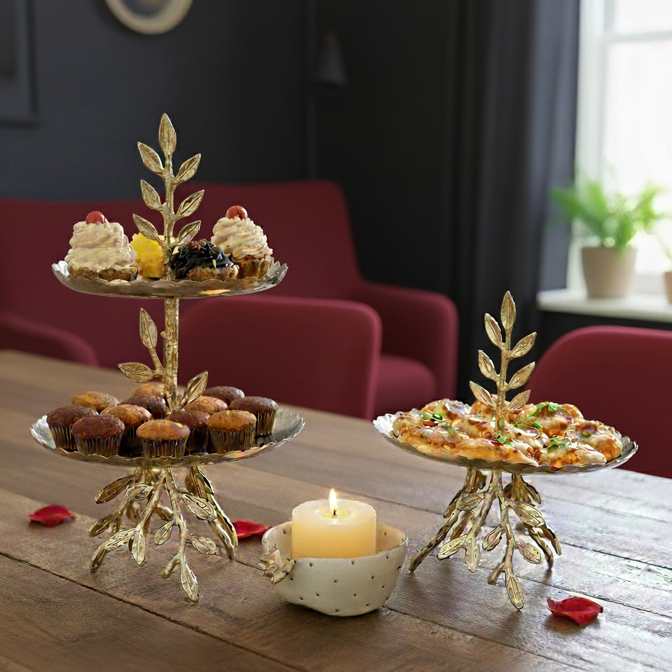 Two tier metal serving stand with scalloped edges and leaf detailing