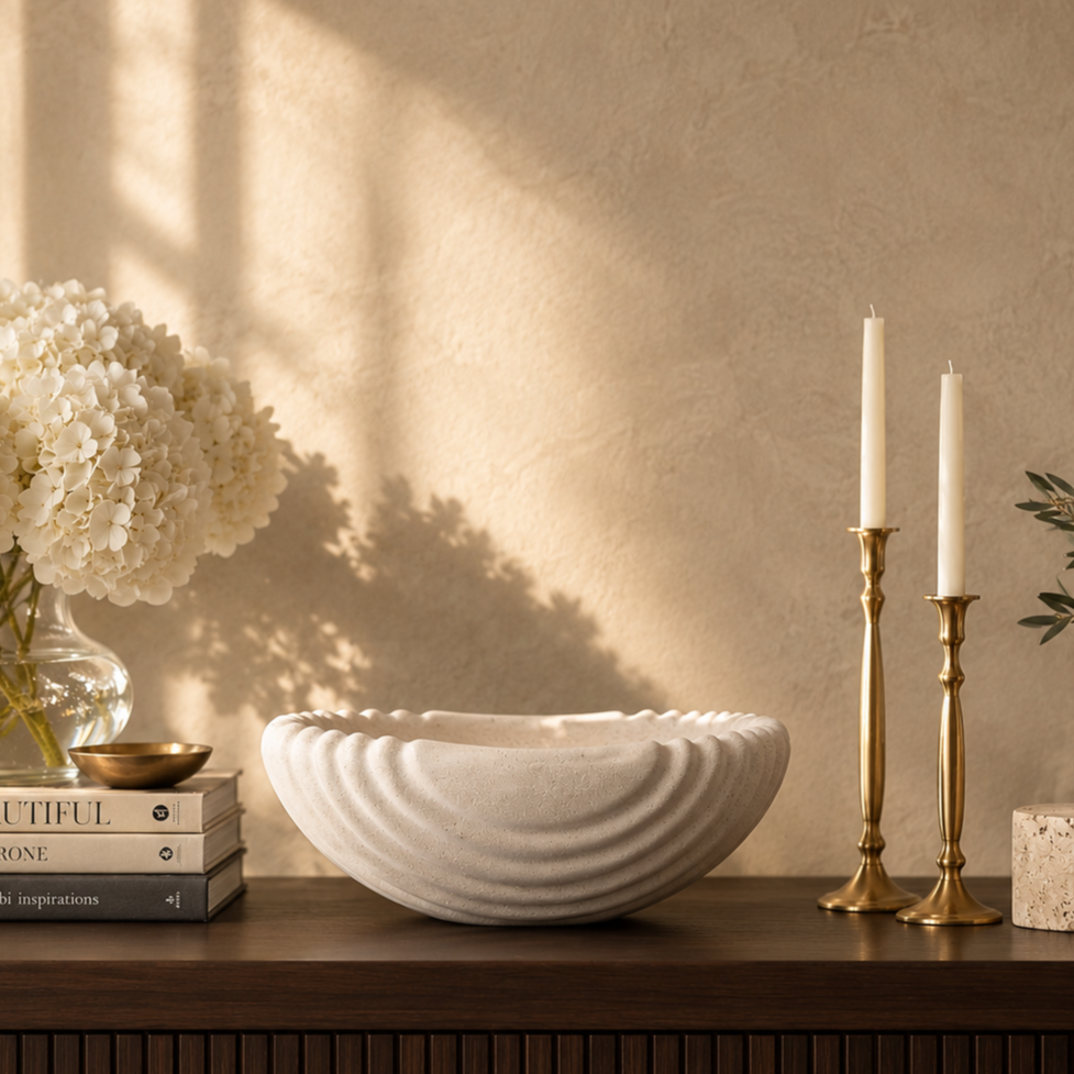 Scalloped white ceramic urli styled on a walnut console table with brass candle holders, white hydrangeas, and luxury home décor accessories.