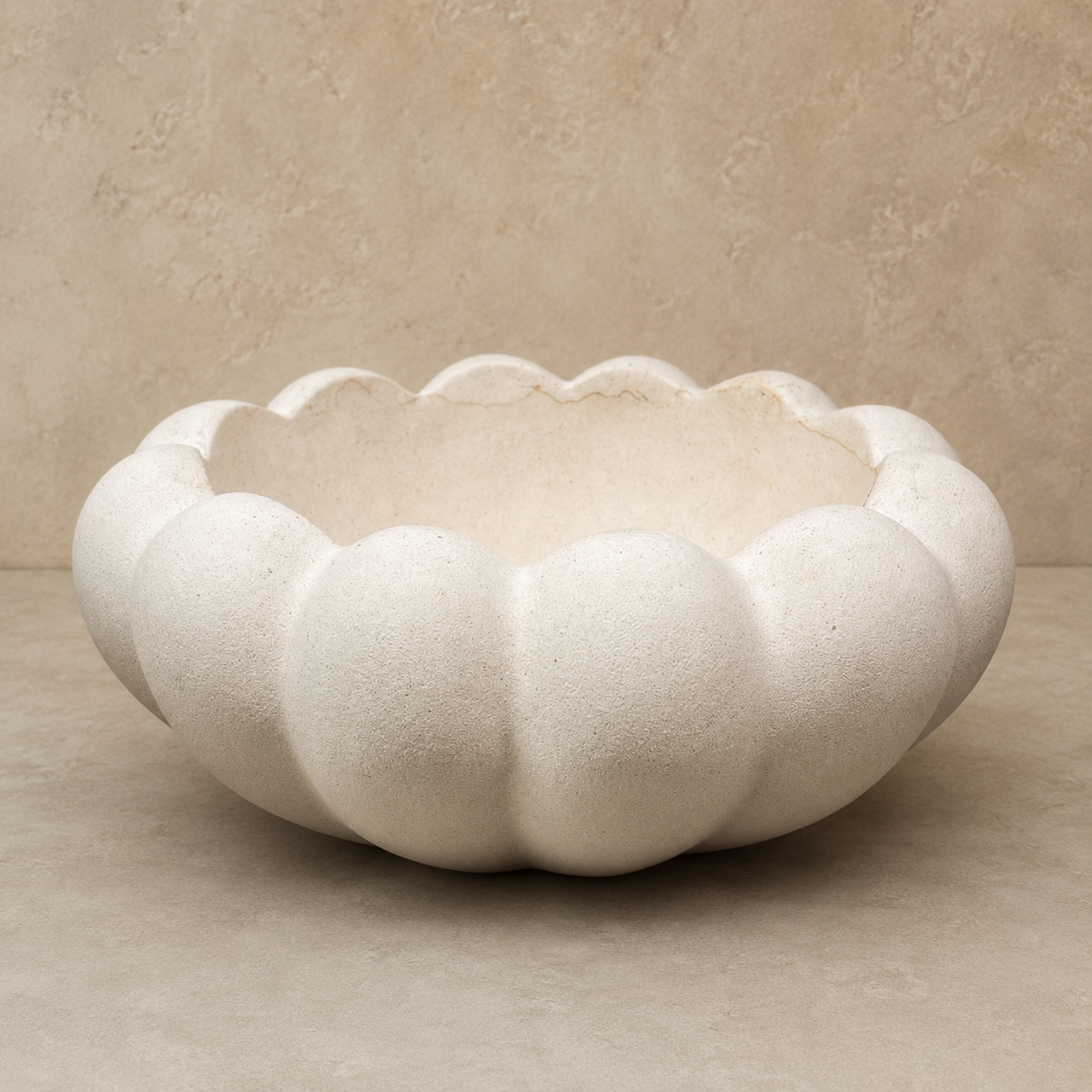 Premium white scalloped ceramic decorative bowl with a textured matte finish for luxury home décor and tabletop styling.