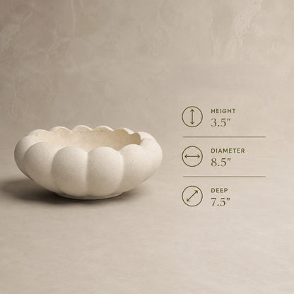 Dimensions infographic of the white scalloped ceramic decorative bowl showing height, diameter, and depth measurements.