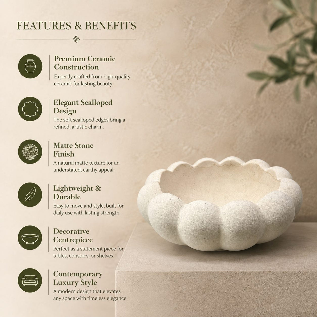 Features and benefits infographic highlighting the premium ceramic construction, scalloped design, matte finish, and decorative versatility of the ceramic bowl.