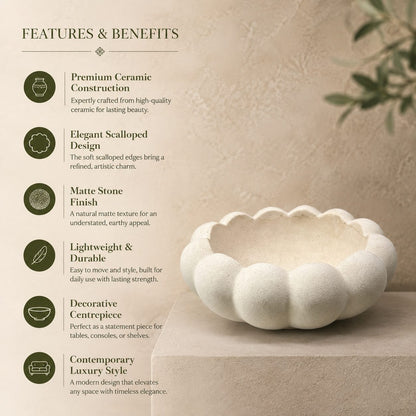 Features and benefits infographic highlighting the premium ceramic construction, scalloped design, matte finish, and decorative versatility of the ceramic bowl.