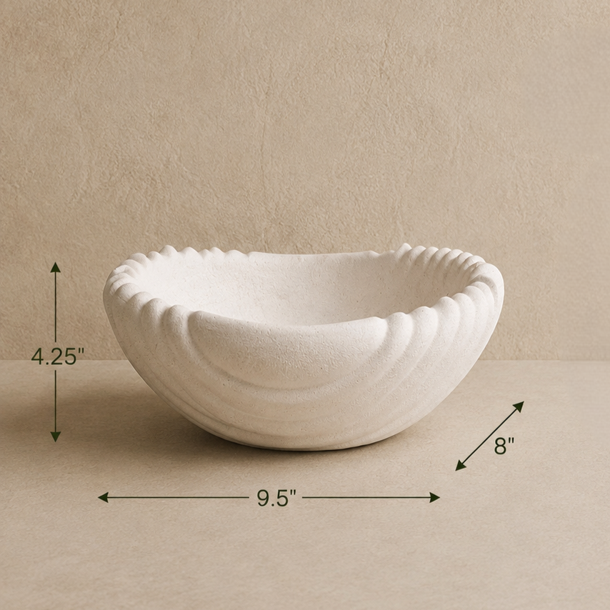 Dimension guide of the Scalloped White Ceramic Urli featuring a 9.5-inch diameter, 8-inch depth, and 4.25-inch height, ideal as a luxury decorative centerpiece for floating candles, flowers, and home décor.
