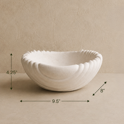 Dimension guide of the Scalloped White Ceramic Urli featuring a 9.5-inch diameter, 8-inch depth, and 4.25-inch height, ideal as a luxury decorative centerpiece for floating candles, flowers, and home décor.