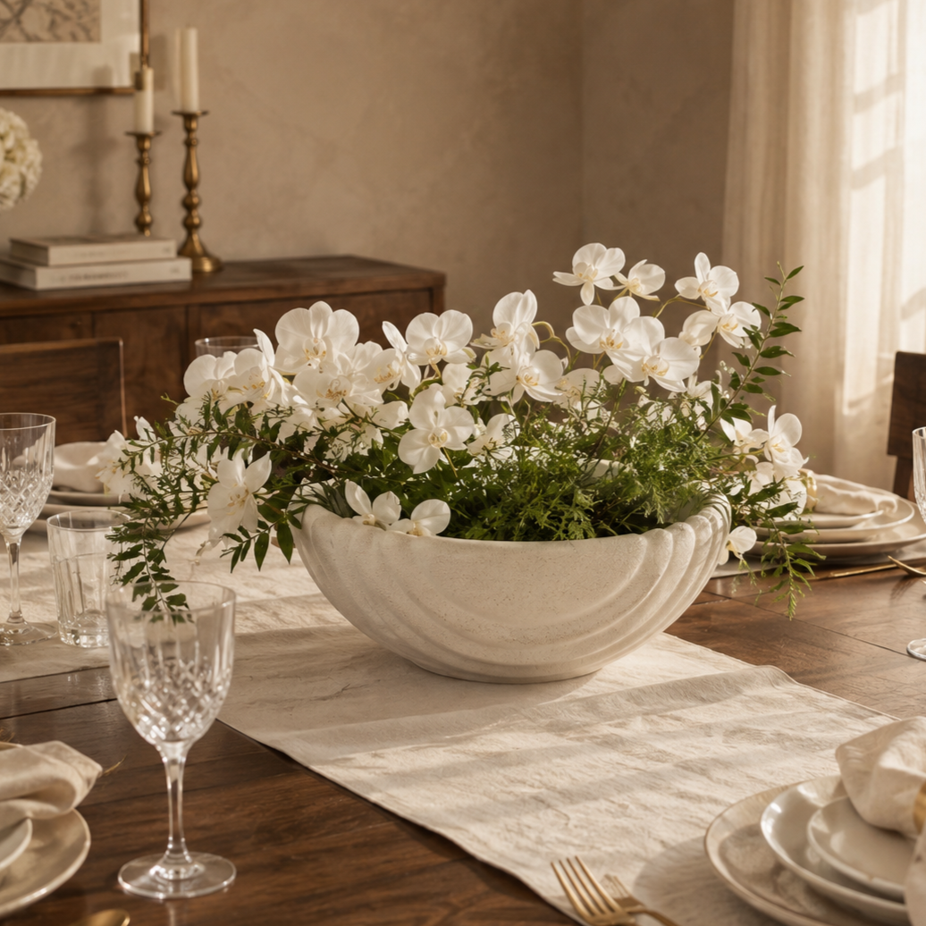 Scalloped white ceramic urli styled as a luxury dining table centerpiece with white orchids, greenery, crystal glassware, and elegant table décor.