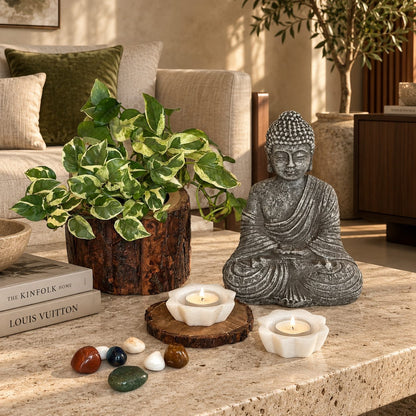 White selenite lotus tea light holders styled with Buddha décor, healing crystals, and luxury living room interior for meditation and home décor.