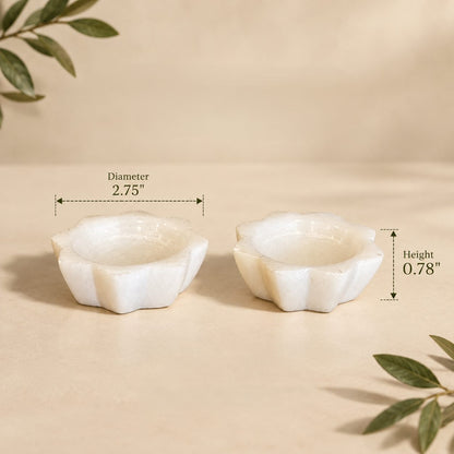 Dimensions of handcrafted white selenite lotus tea light holder set featuring 2.75-inch diameter and 0.78-inch height on a luxury beige background.