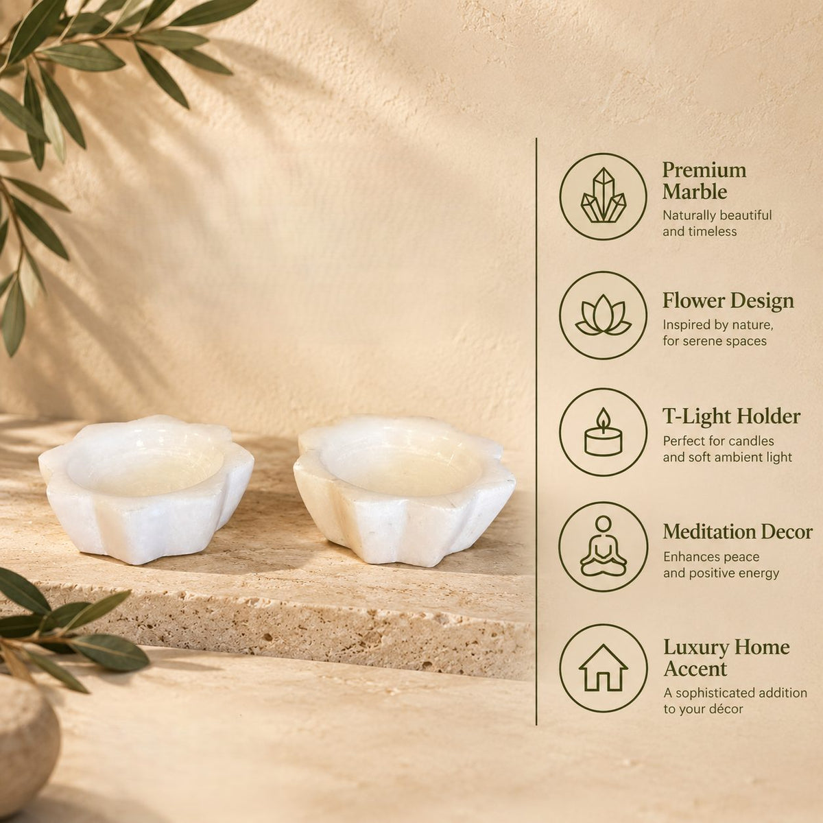 Premium white selenite lotus tea light holder set highlighting natural stone, flower design, meditation décor, luxury home accent, and candle holder features.