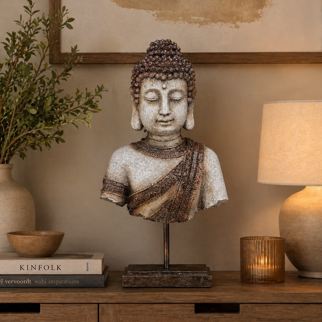 Antique finish Buddha bust sculpture displayed on a wooden console table with warm ambient lighting, decorative books, candle holder, and indoor plant in a serene modern interior setup.