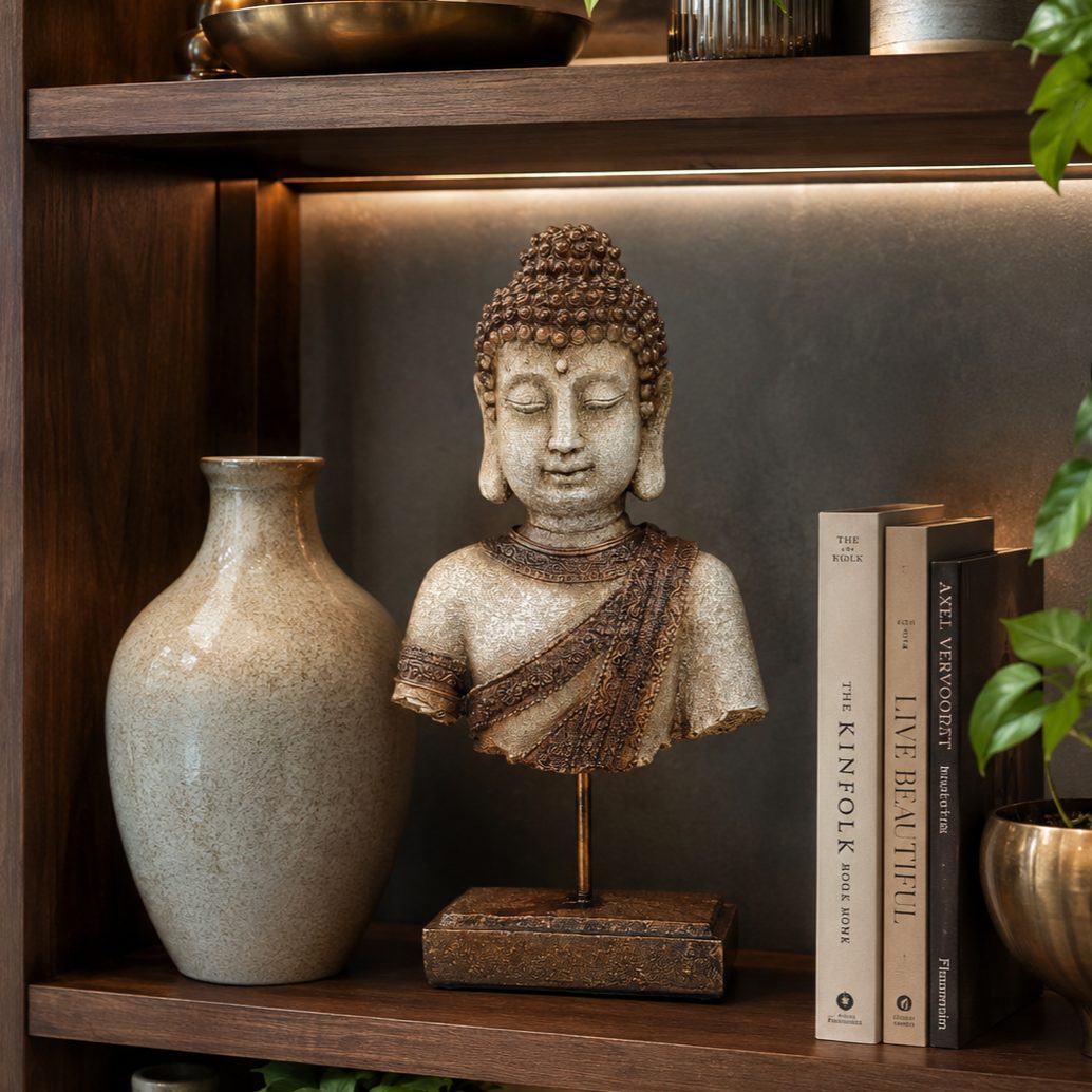 Antique Buddha bust sculpture styled on a luxury dark walnut bookshelf with decorative vase and books in a modern home office.