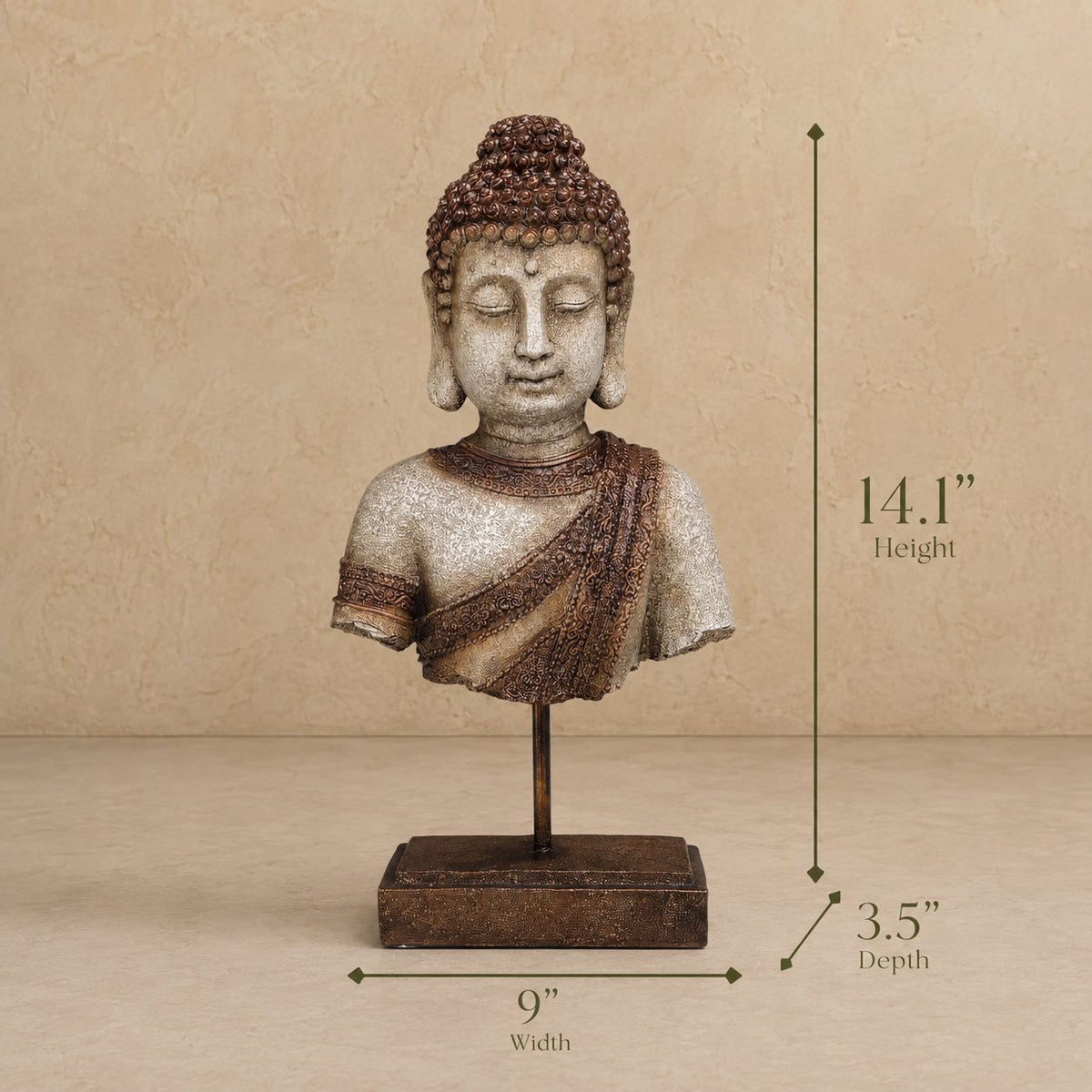 Dimension guide for antique Buddha bust sculpture showing 14.1-inch height, 9-inch width, and 3.5-inch depth for luxury home décor.
