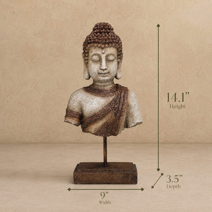 Dimension guide for antique Buddha bust sculpture showing 14.1-inch height, 9-inch width, and 3.5-inch depth for luxury home décor.