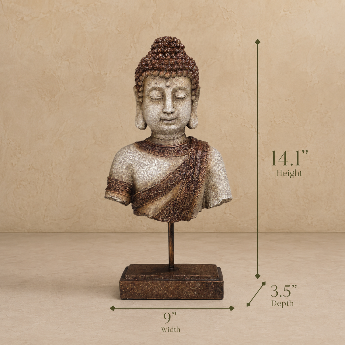 Dimension guide for antique Buddha bust sculpture showing 14.1-inch height, 9-inch width, and 3.5-inch depth for luxury home décor.