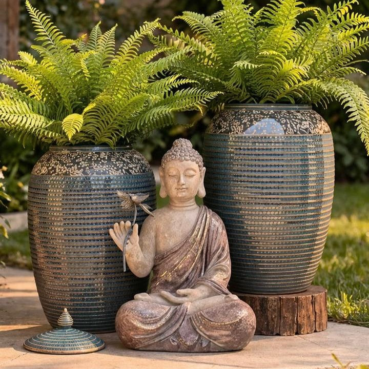 Meditating Buddha figurine featured in a cozy evening setting with glowing wicker lanterns and tea light candles on a rustic wooden patio.