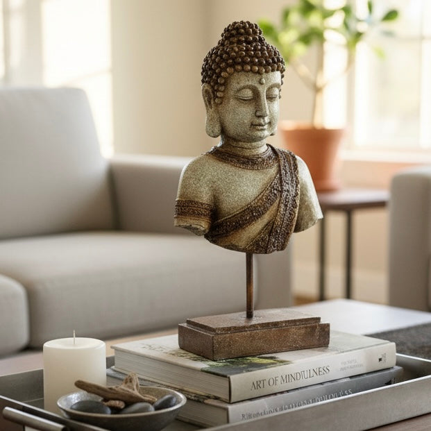 Premium Buddha bust figurine styled on a coffee table next to a candle and books in a modern, sunlit living room.