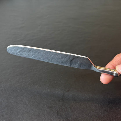 A hand holding a silver butter spreader, showcasing the smooth flat surface and fine serrated edge of the blade against a dark grey background.