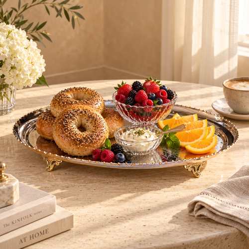 Silver decorative serving tray with gold beaded rim styled with bagels, fresh berries, cream cheese and orange slices on a luxury marble coffee table.
