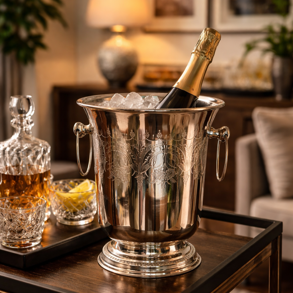 Polished silver engraved champagne bucket with ring handles placed on a wooden bar cart in a stylish living room near a home bar setup with crystal decanter and glasses.