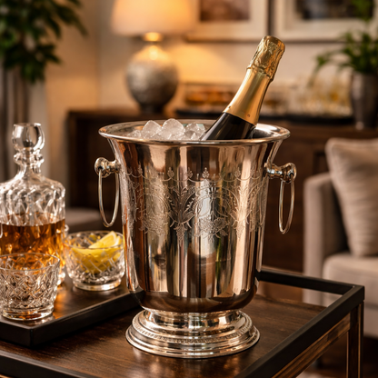 Polished silver engraved champagne bucket with ring handles placed on a wooden bar cart in a stylish living room near a home bar setup with crystal decanter and glasses.