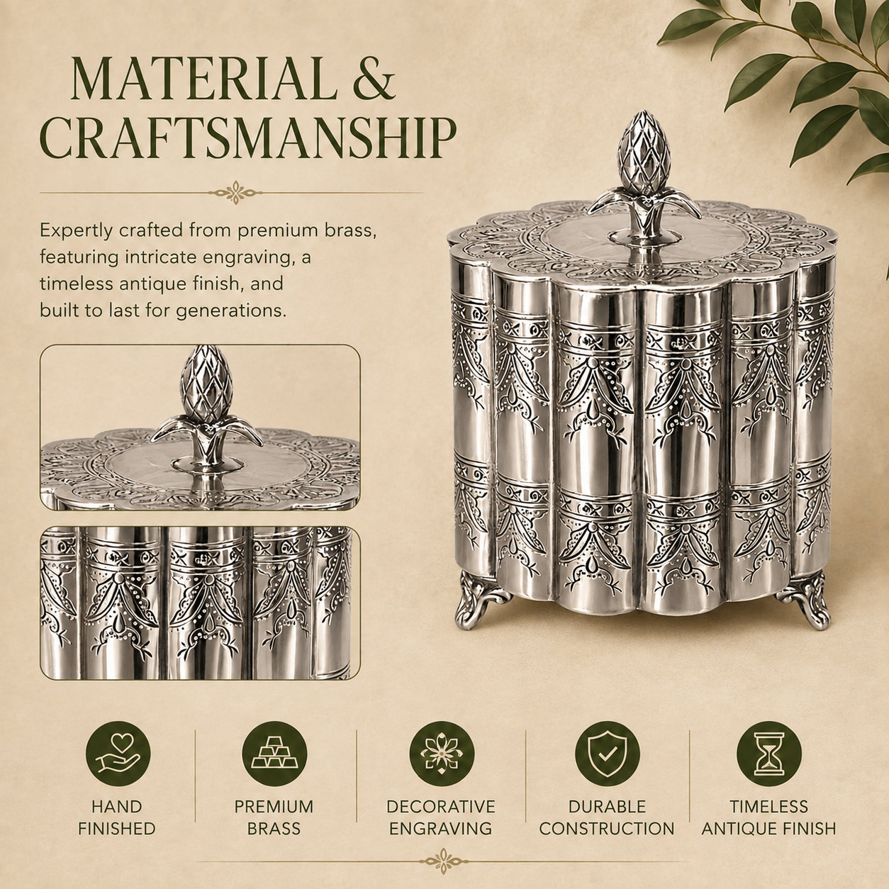 Silver engraved metal storage container showcasing intricate craftsmanship, decorative detailing, premium metal construction, and a timeless antique-inspired finish.