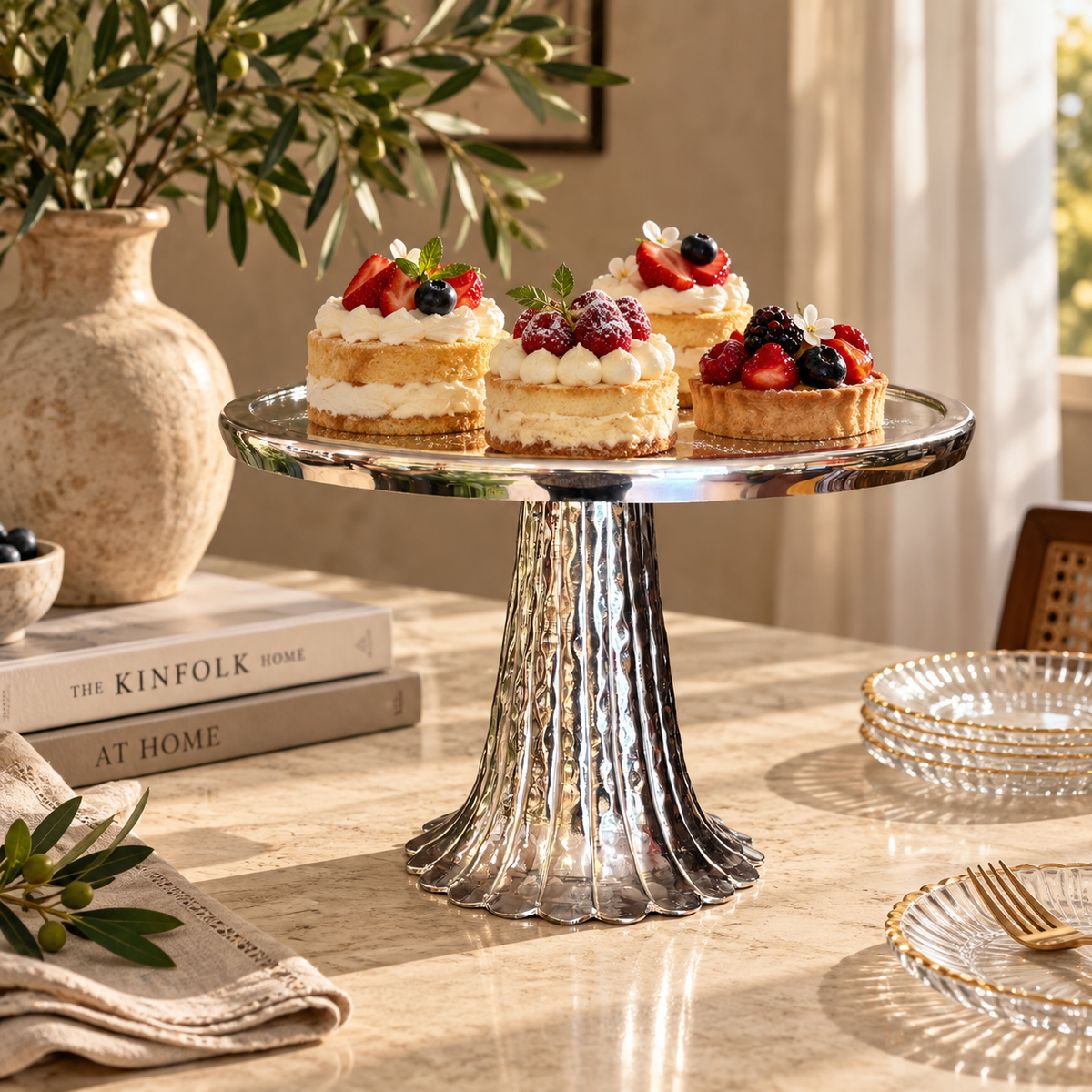 Elegant silver pedestal serving stand with glass top displaying sweets and pastries in a luxury home setting.