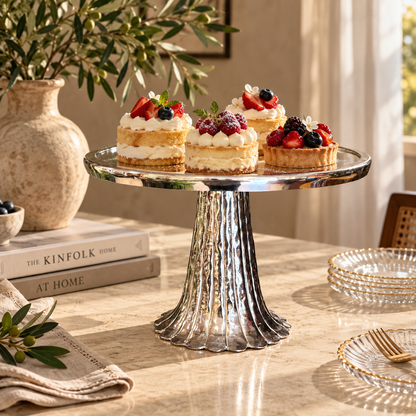 Elegant silver pedestal serving stand with glass top displaying sweets and pastries in a luxury home setting.