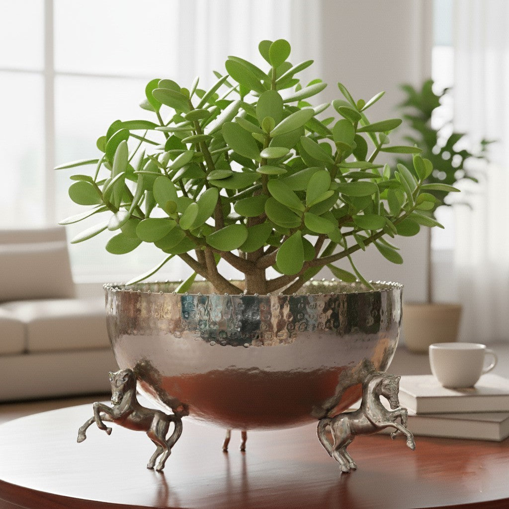 A polished silver-tone metal bowl used as a decorative planter, supported by sculpted horses, adding an elegant touch to indoor greenery.