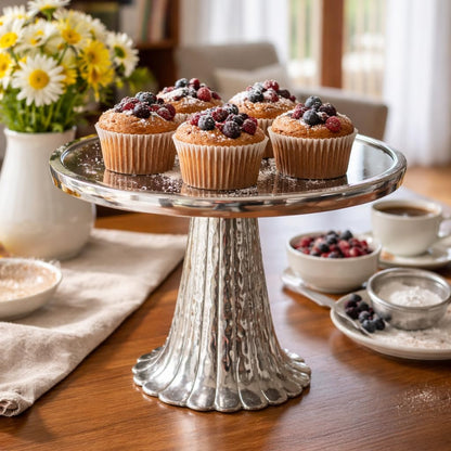 Elegant silver metal cake stand with textured pedestal base displaying berry muffins, perfect for dessert tables, kitchen styling, festive serving, and luxury dining decor.