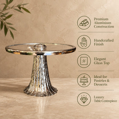 Features an infographic of a silver pedestal serving stand with glass top highlighting premium aluminium construction, handcrafted finish, elegant glass top, and luxury design.